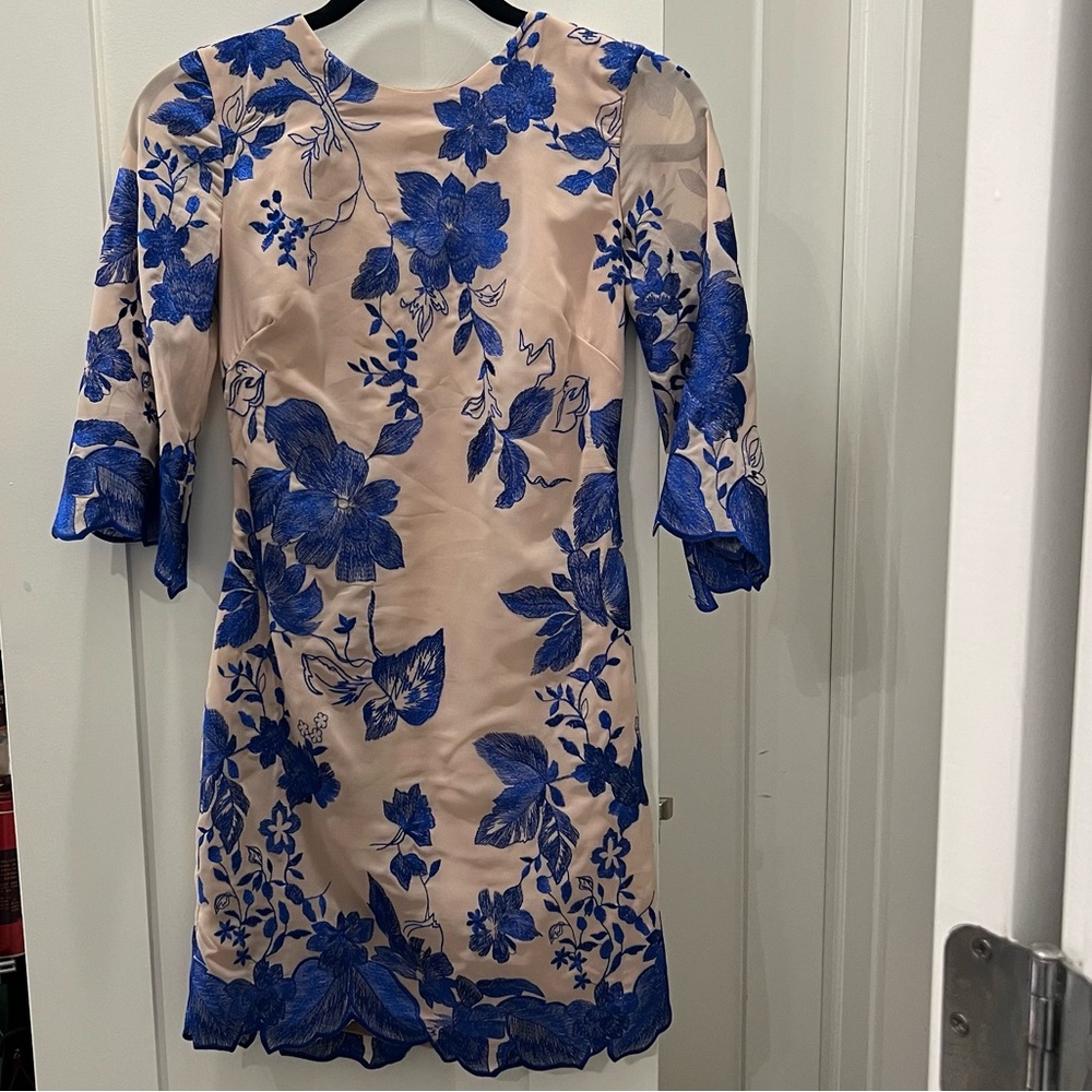 Dress the Population embroidered blue floral dress